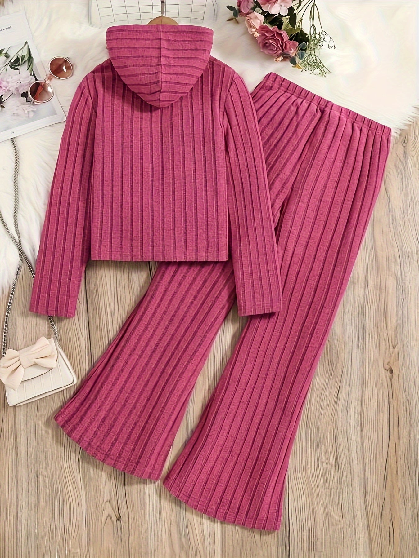 Ribbed Knit Long Sleeve Hoodie & Flared Leg Pants Lounge Set
