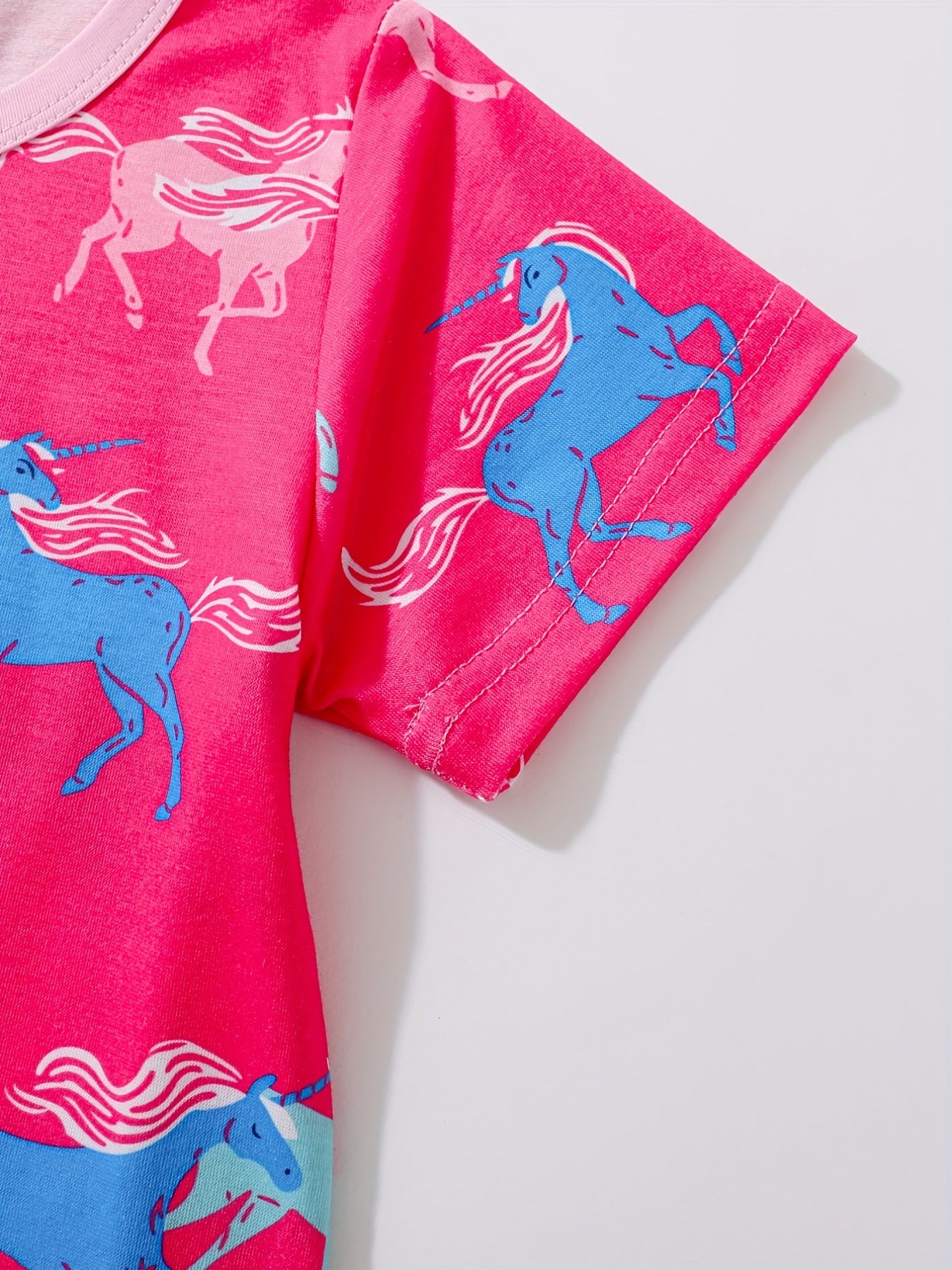 Unicorn Print Kid's Pajamas T shirt & Pants Set, Comfy PJ Set Girl's Lounge
