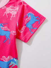 Unicorn Print Kid's Pajamas T shirt & Pants Set, Comfy PJ Set Girl's Lounge