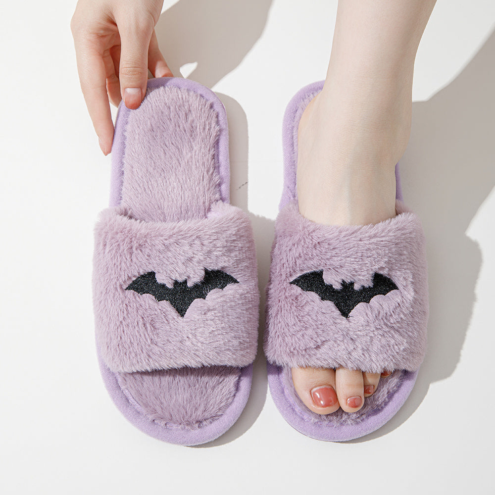 Purple Halloween Bat Embroidery Slippers Plush Lined Shoes