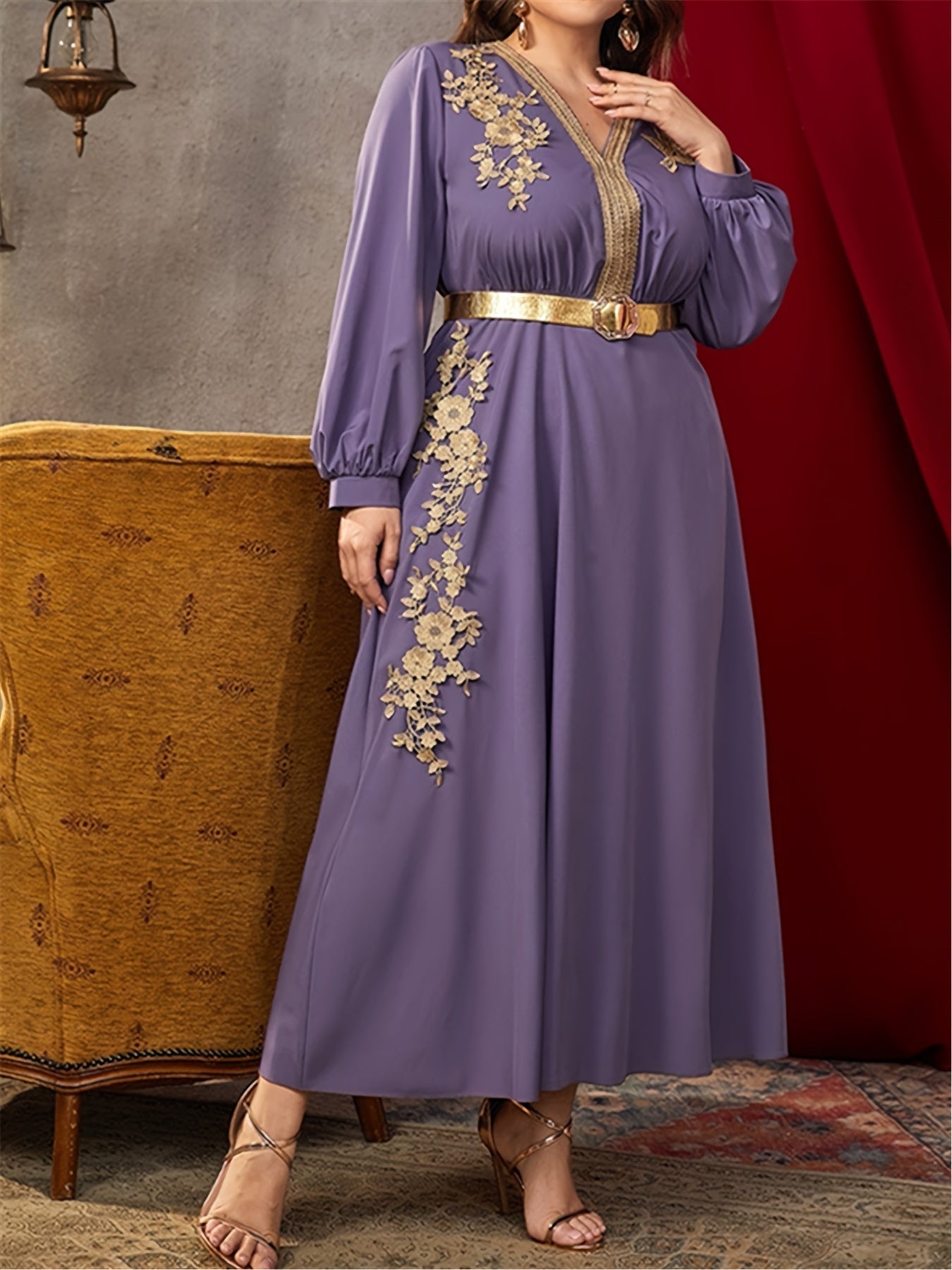 Abaya Dress Women's Plus Solid Applique Long Sleeve V Neck Maxi Jalabi