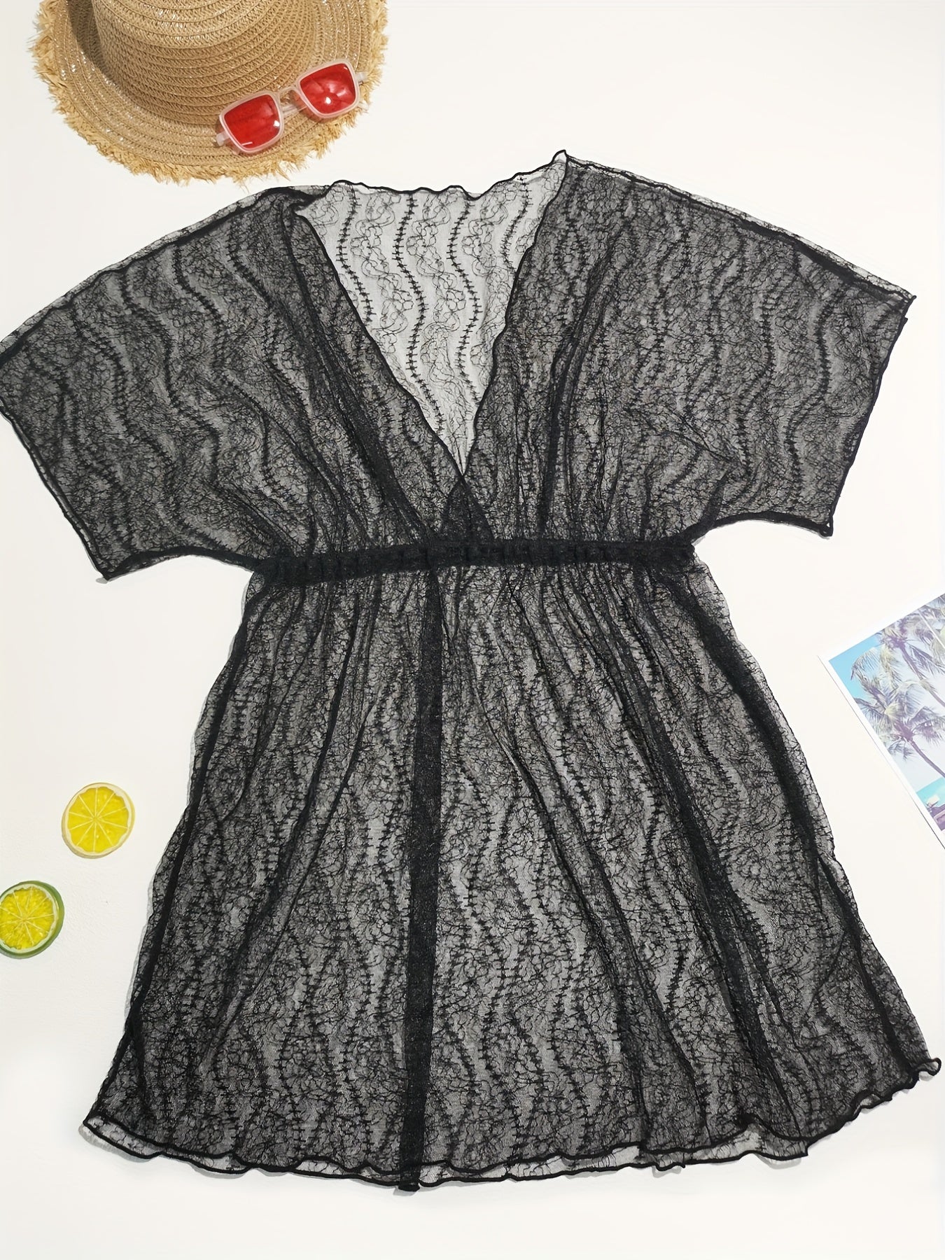 V Neck Cover Up Dress Semi Sheer Short Sleeves Beachwear Dress