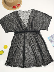 V Neck Cover Up Dress Semi Sheer Short Sleeves Beachwear Dress