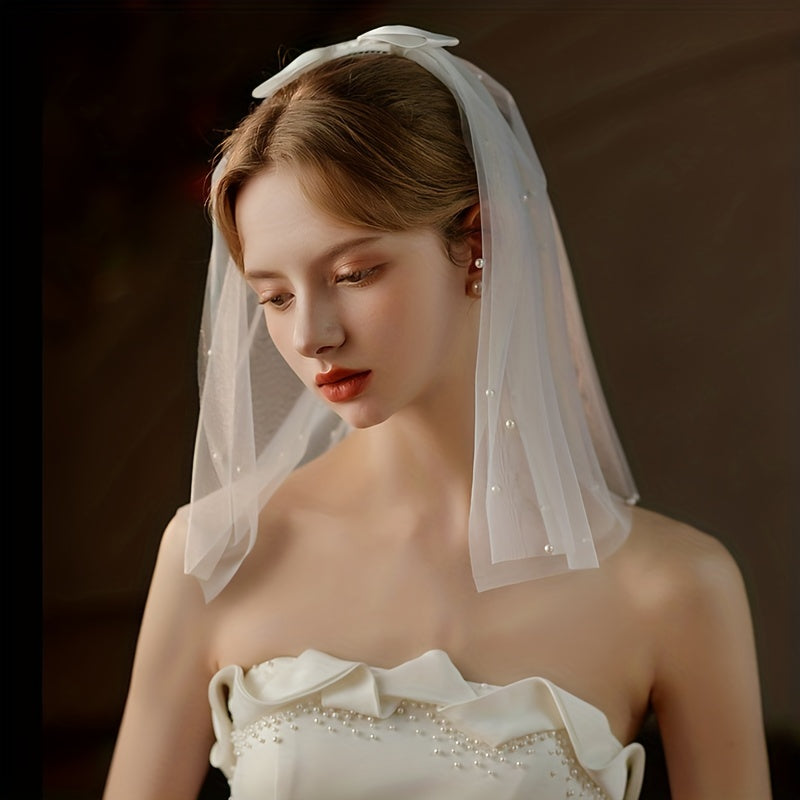 Vintage Mesh Head Veil with Comb Faux Pearl Bridal Wedding Hair Accessory