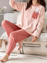 Bunny Print Lounge Set Long Sleeve Top & Pants Women's Pajamas