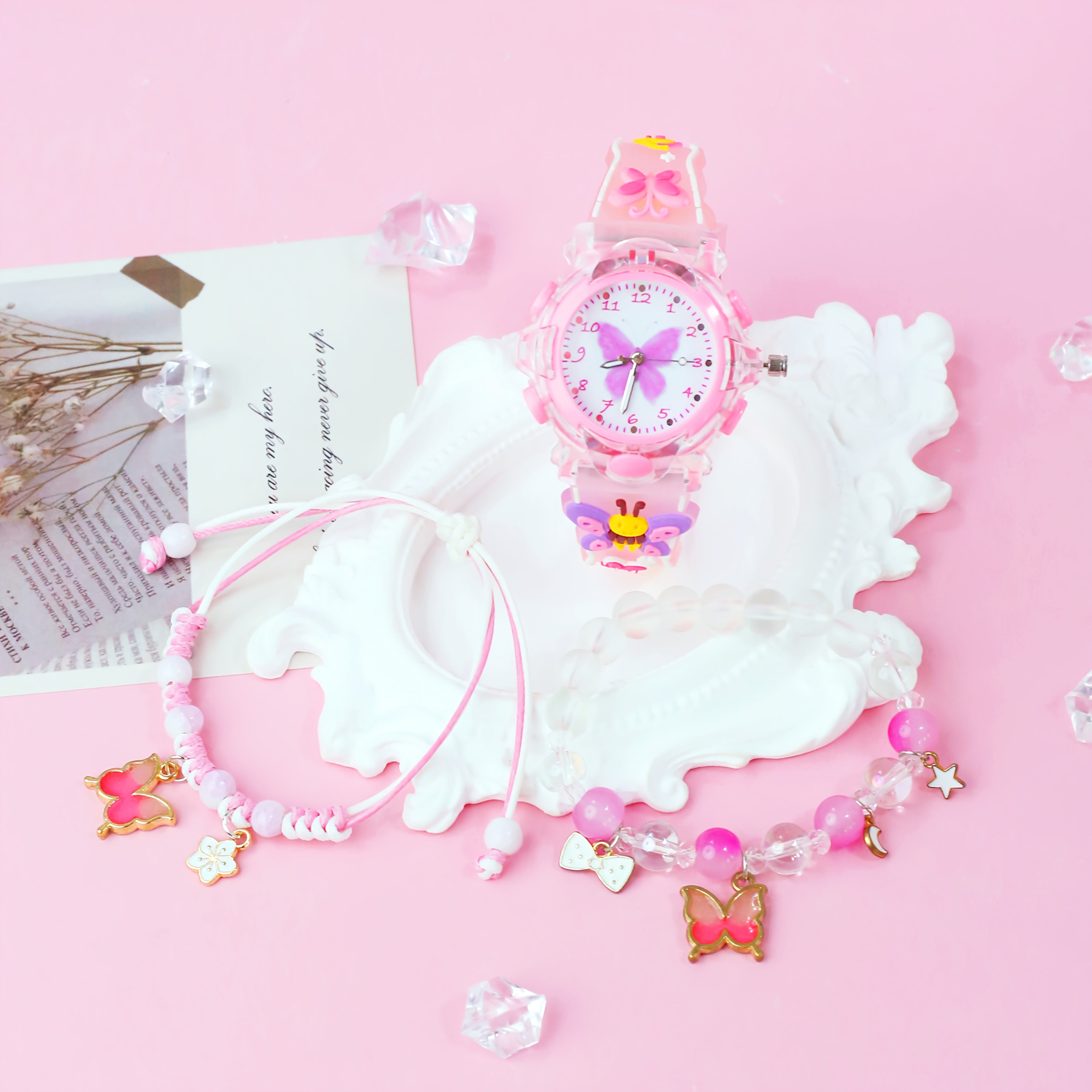3pcs Girls' Pink & Clear Quartz Watch & Jewelry Set, Heart & Butterfly Bracelets