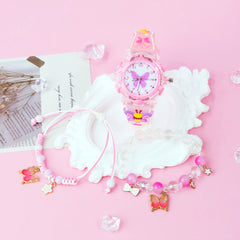 3pcs Girls' Pink & Clear Quartz Watch & Jewelry Set, Heart & Butterfly Bracelets