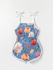 Toddler Girls Flowers Graphic Bow Shoulder Cami Rompers Jumpsuits