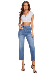 High Rise Straight Leg Jeans Loose Embossed Crotch Pocket Long Pants