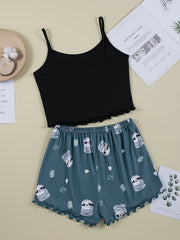 Sloth Print Pajama Set Crew Neck Cami Top & Shorts