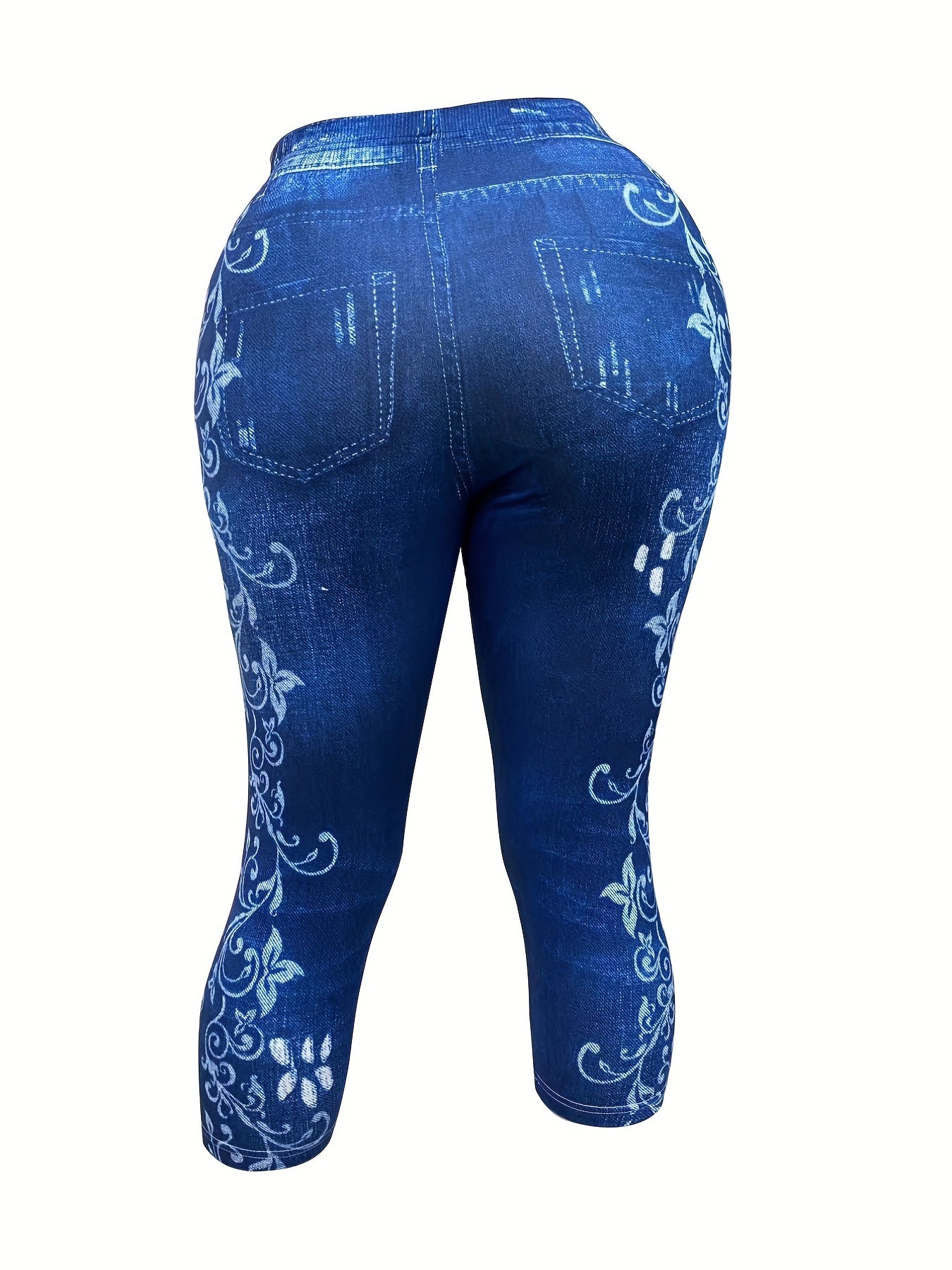Denim & Floral Print Skinny Capris Leggings for Women