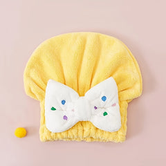 Kids Shower Cap Bow Dry Hair Coral Fleece Towel Cap