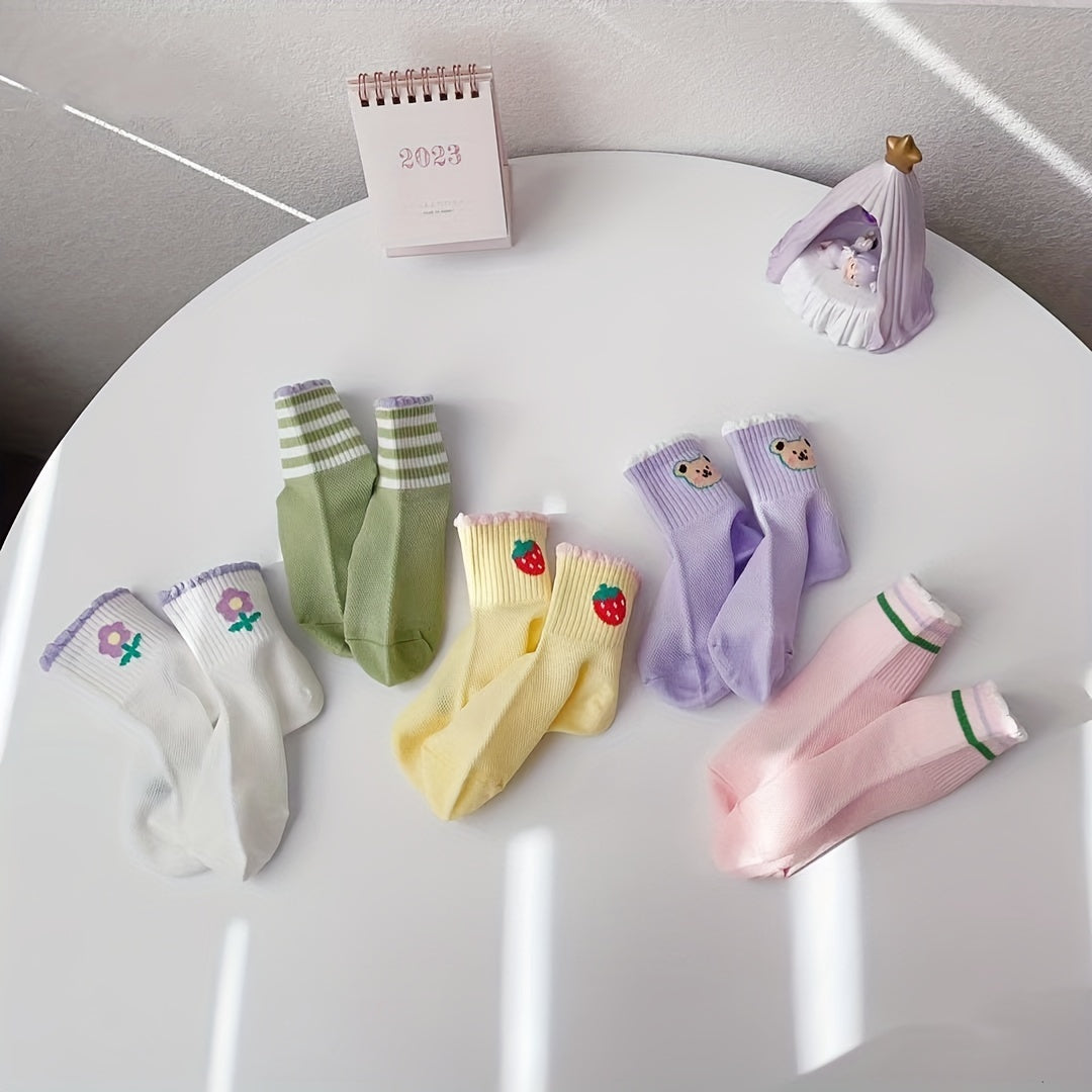 5 Pairs Girls Cartoon Print Ruffled Knit Socks for Spring & Summer