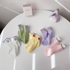 5 Pairs Girls Cartoon Print Ruffled Knit Socks for Spring & Summer