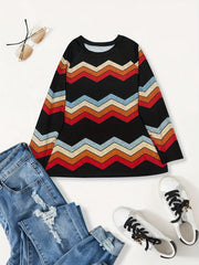 Colorblock Stripe Print Pullover Sweatshirt Long Sleeve Crew Neck