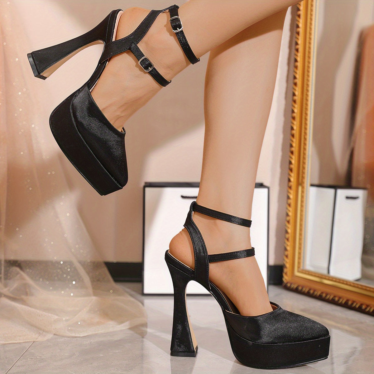 Women's Closed Toe High Heel Pumps with Buckle Strap