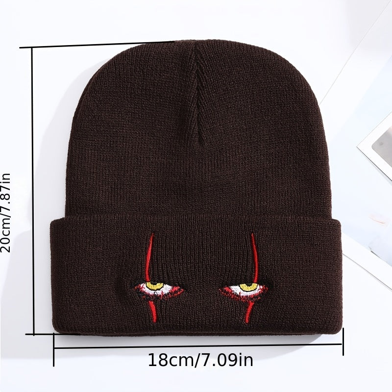 Horror Clown Eyes Cartoon Embroidery Knitted Hat with Woolen Cover
