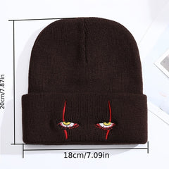 Horror Clown Eyes Cartoon Embroidery Knitted Hat with Woolen Cover