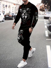 Men's Wolf Print 3D Sweatshirt & Joggers Set for Sports
