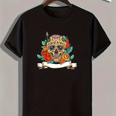Skull And Flowers Print Men's Graphic T shirt Casual Comfy Tees