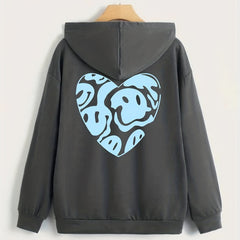 Heart Print Zip Up Hoodie Casual Long Sleeve Drawstring Hoodies Sweatshirt