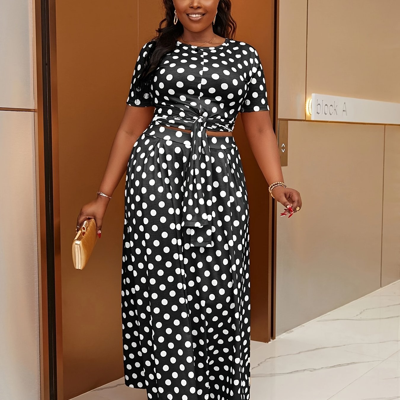 Polka Print Two Piece Set Crop Top & Maxi Skirt