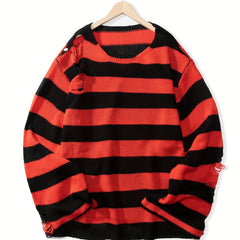Knitted Ripped Striped Sweater Men's Warm Pullover for Fall Winter