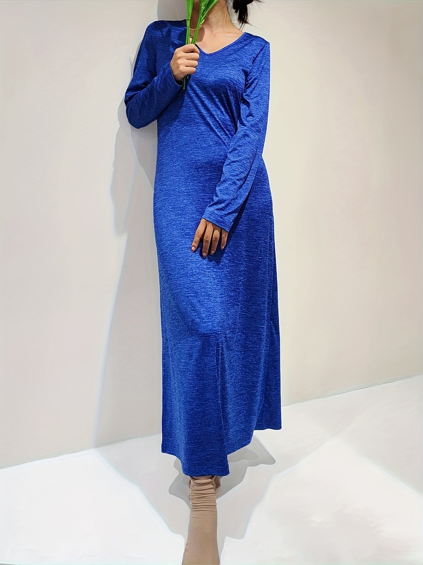Solid V Neck Long Sleeve Lounge Dress Women's Loungewear