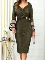 Solid V Neck Long Sleeve Dress