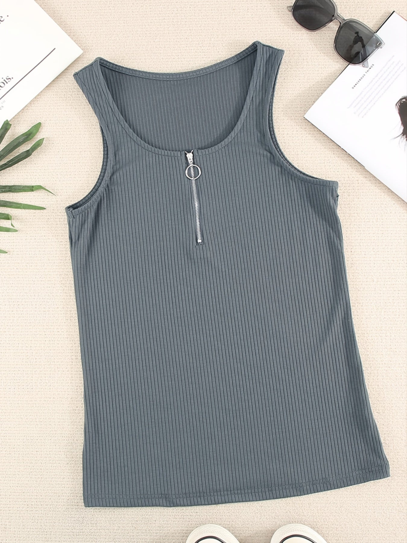 Ribbed Zip Up Tank Top Solid Sleeveless V neck Tank Top