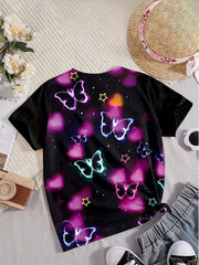 Girls Butterfly & Heart Print Tee Summer Clothes Gift