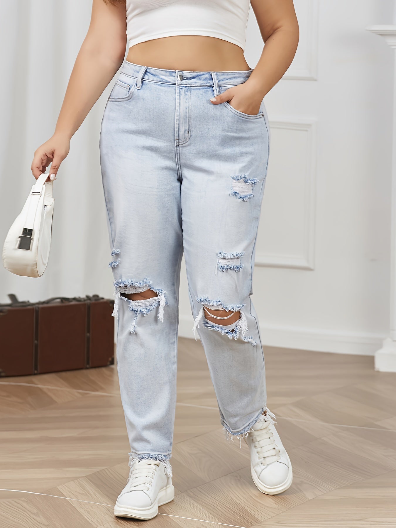 Casual Jeans Women's Plus Ripped Trim Button Fly Jeans