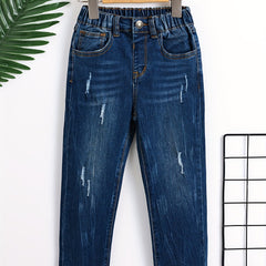 Boys Ripped Denim Jeans Elastic Waist Pants