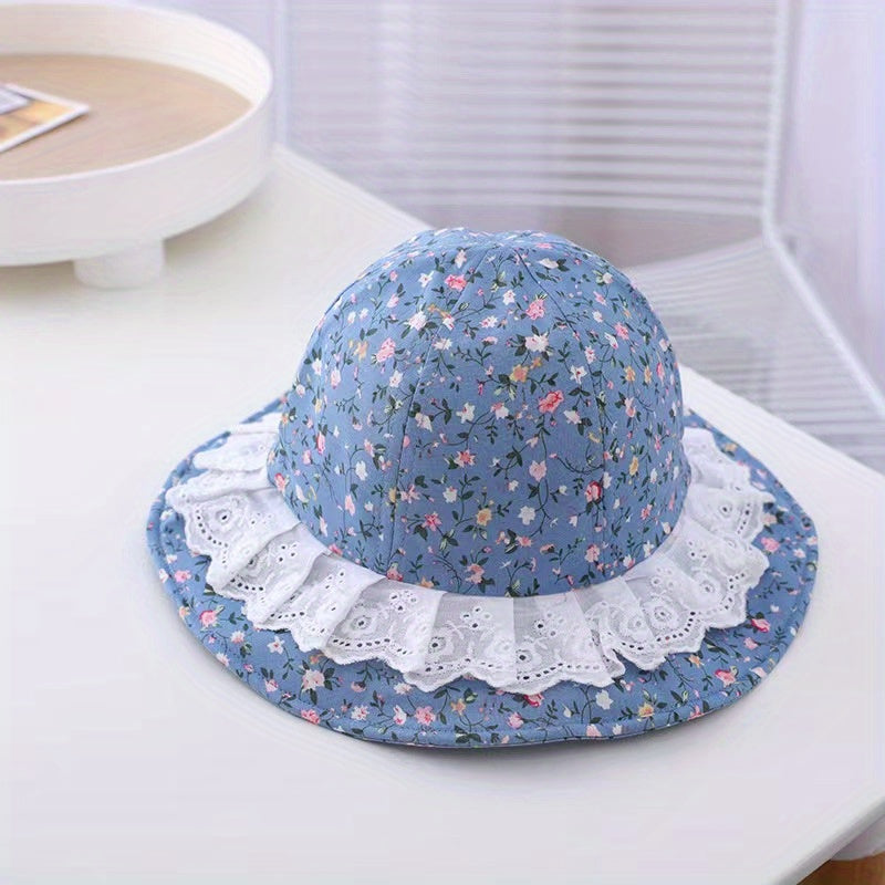 Kids Floral Lace Trim Bucket Hat With Windproof Rope