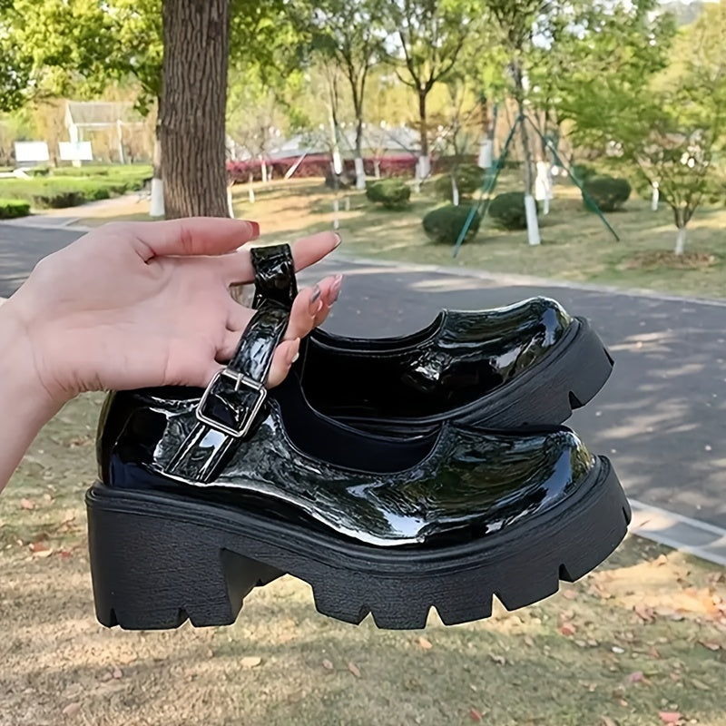 Women's Patent Mary Janes Round Toe Buckle Platform Shoes