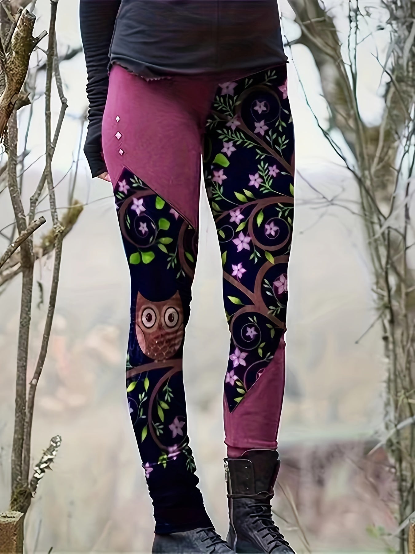 Casual Leggings Women's Plus Colorblock Floral & Owl Print