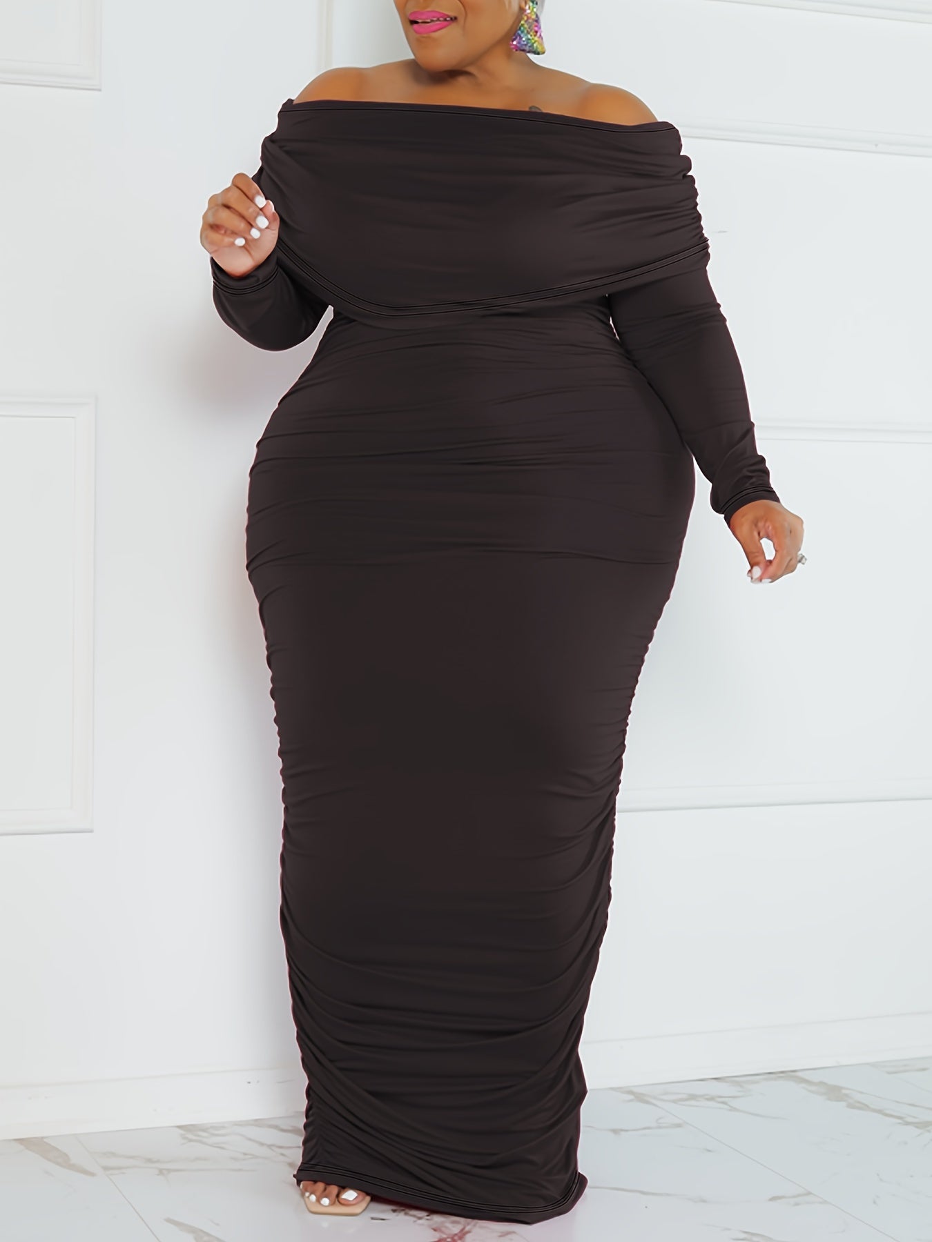Solid Ruched Off Shoulder Bodycon Midi Dress