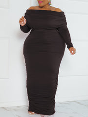 Solid Ruched Off Shoulder Bodycon Midi Dress
