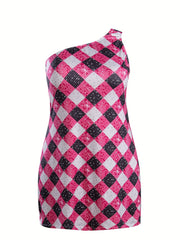 Plaid & Sequin Print One Shoulder Stretch Nightdress