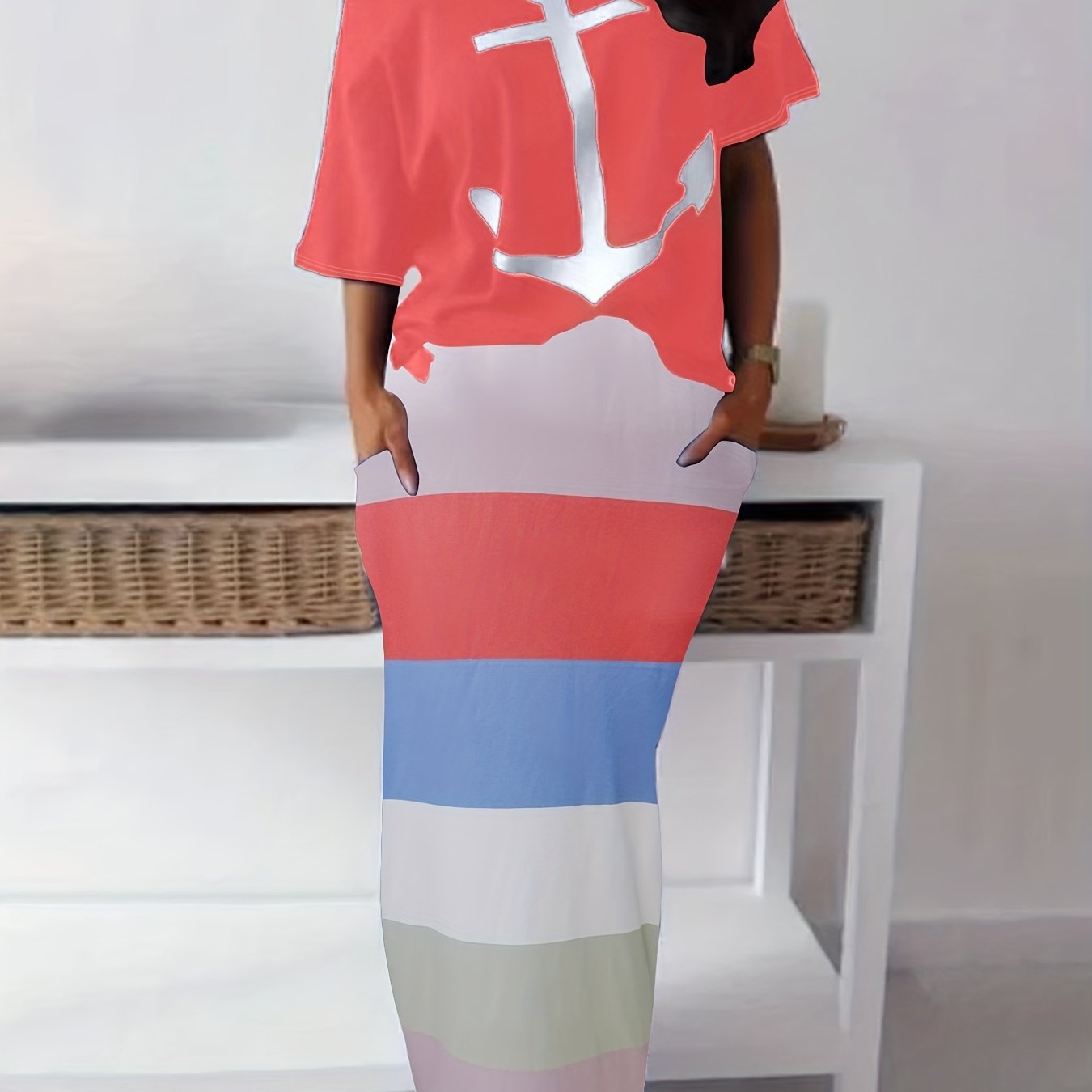 Women's Plus Anchor One Shoulder Top & Skirt 2 Piece Set