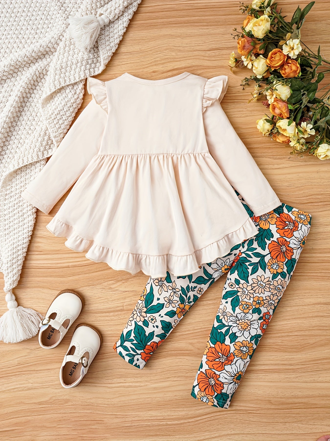 Toddler Girls Fall Outfit Bow Ruffle Shirt Floral Pants Suit