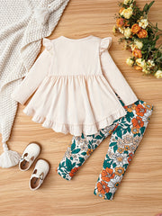Toddler Girls Fall Outfit Bow Ruffle Shirt Floral Pants Suit