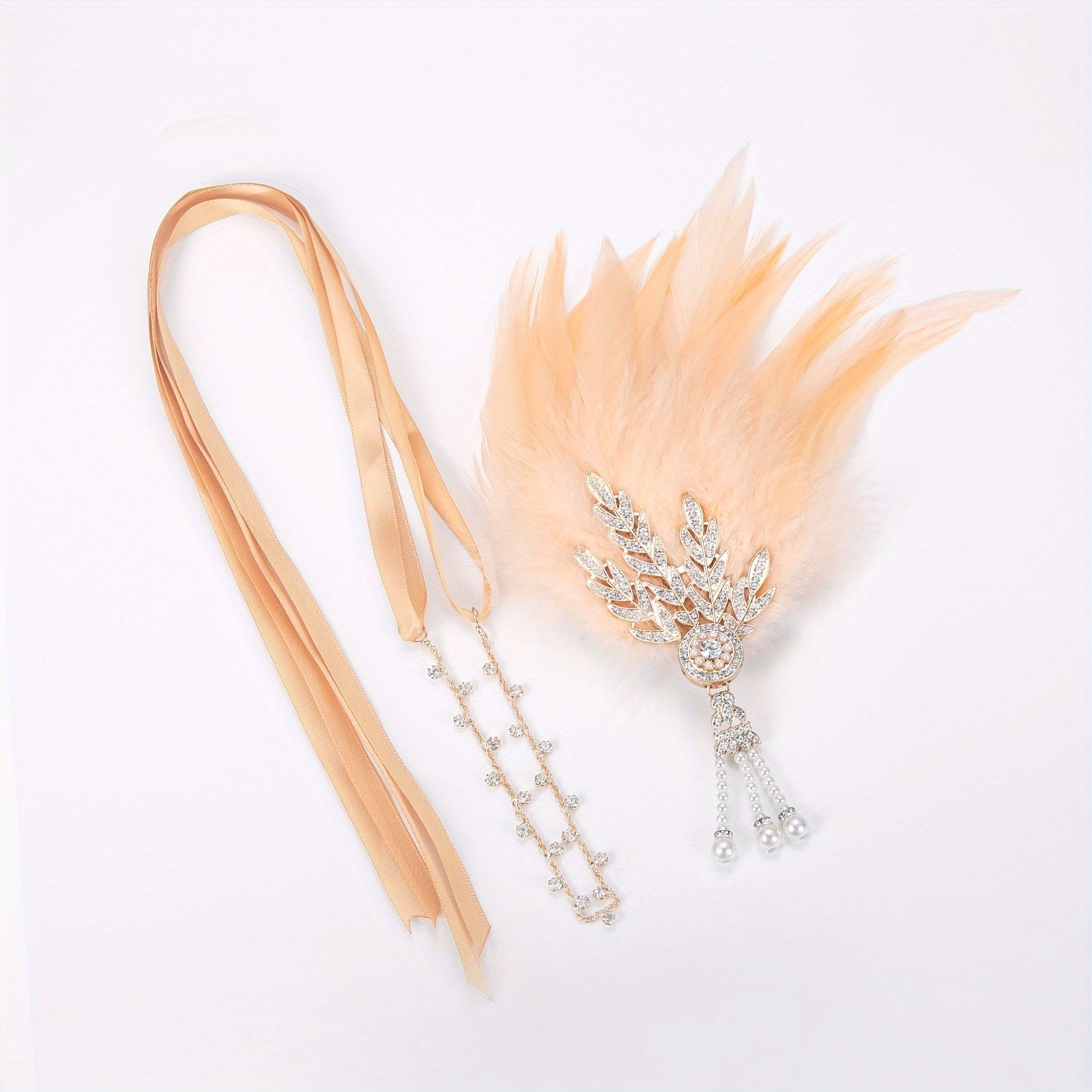 1920s Gatsby Feather Headband with Rhinestones & Pearls