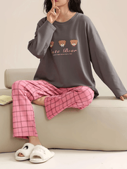 Bear Print Pajama Set Long Sleeve Crew Neck Top & Plaid Pants