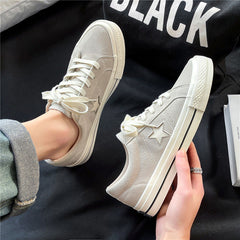 Women's Star Pattern Canvas Shoes Low Top Lace Up Round Toe Flat Casual Shoes