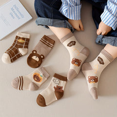 5pairs Kids Cartoon Bear Pattern Socks Soft Comfy Socks for Autumn Winter
