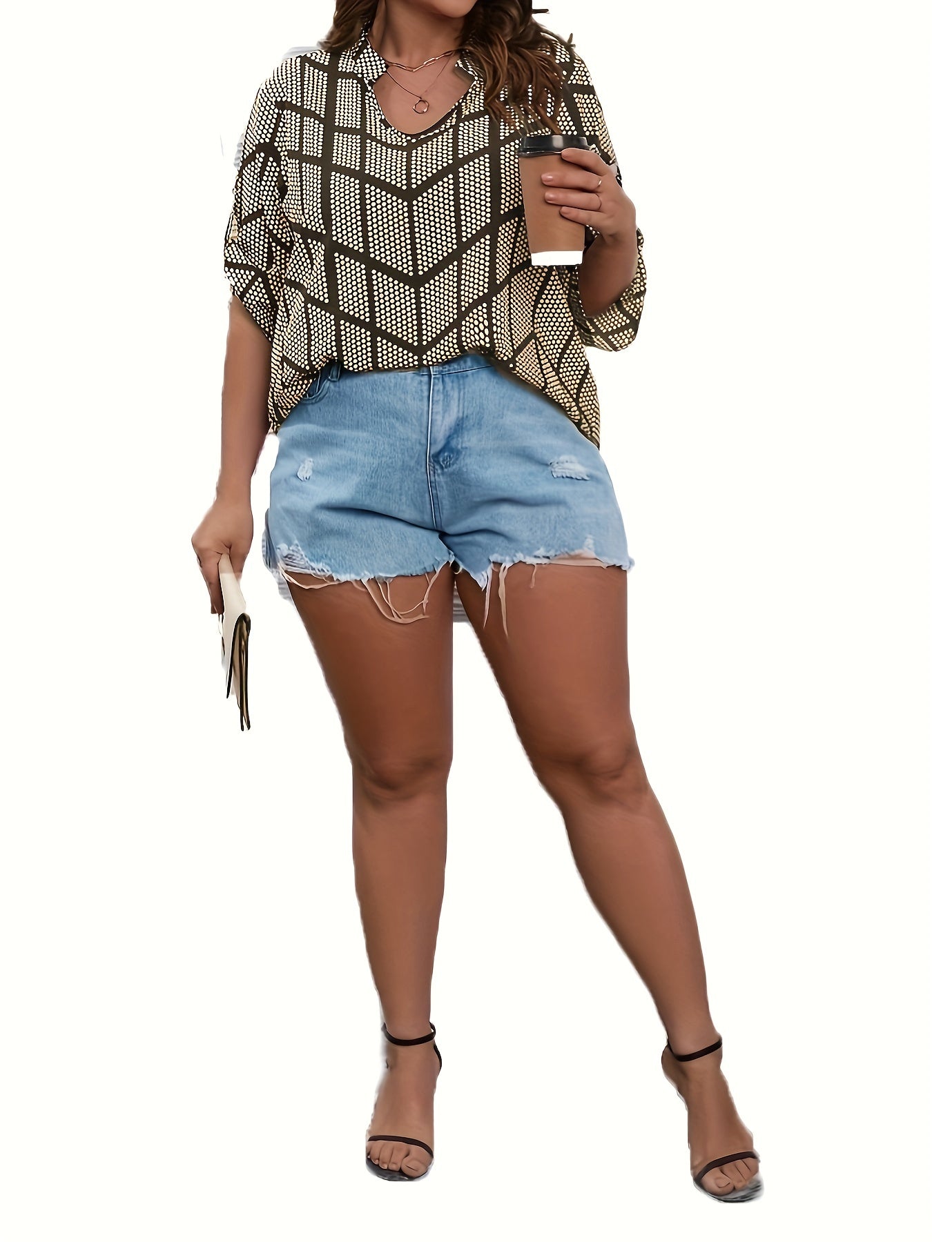 Casual Blouse Women's Plus Dot & Geometric Print Long Sleeve Loose Fit
