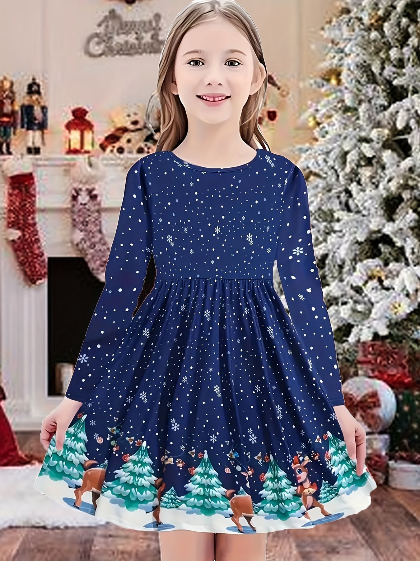 Snowflake Graphic Long Sleeve Dress Girls Comfy Dresses For Christmas
