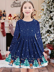 Snowflake Graphic Long Sleeve Dress Girls Comfy Dresses For Christmas