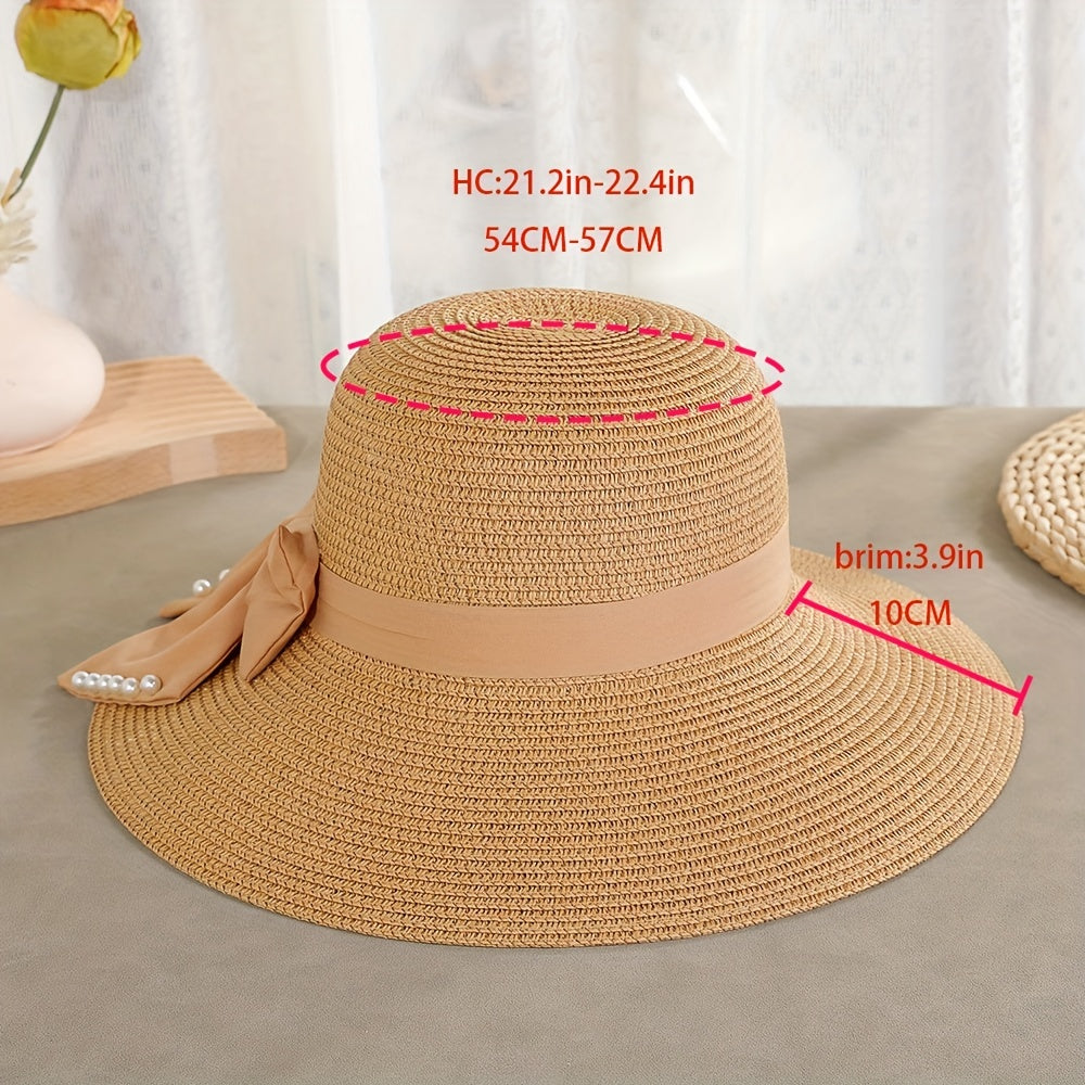 Faux Pearl Ribbon Bow Hat Wide Brim Straw Sun Hat
